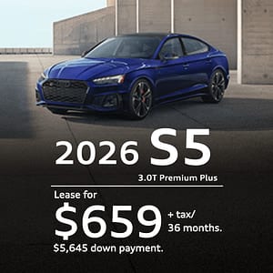Lease a 2026 Audi S5 3.0T Premium Plus for $659 a month for 36 months with 10,000 miles per year.